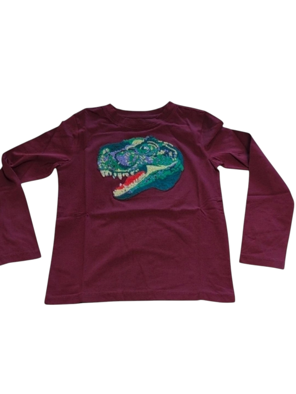 Lands' End Maroon T-Rex Embroidered Long Sleeve Tee Boys Size Small